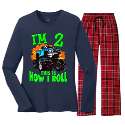 Monster Truck Girl Boy Im 2 This Is How I Roll Women's Long Sleeve Flannel Pajama Set 