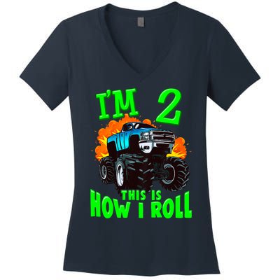 Monster Truck Girl Boy Im 2 This Is How I Roll Women's V-Neck T-Shirt