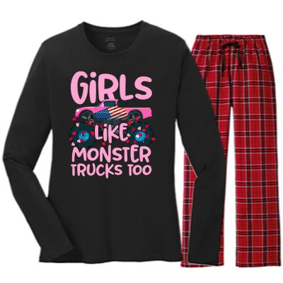 Monster Truck Girls Like Monsters Too Birthday Gifts Women's Long Sleeve Flannel Pajama Set 