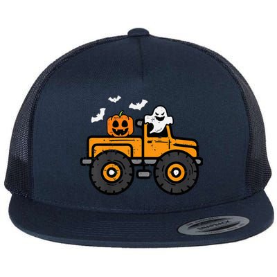 Monster Truck Ghost Pumpkin Halloween Costume Flat Bill Trucker Hat