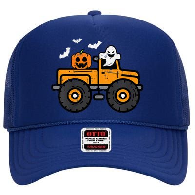 Monster Truck Ghost Pumpkin Halloween Costume High Crown Mesh Back Trucker Hat