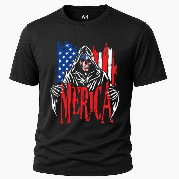 Merica The Grim Reaper Skull American Flag 4th Of July Gift Cooling Performance Crew T-Shirt