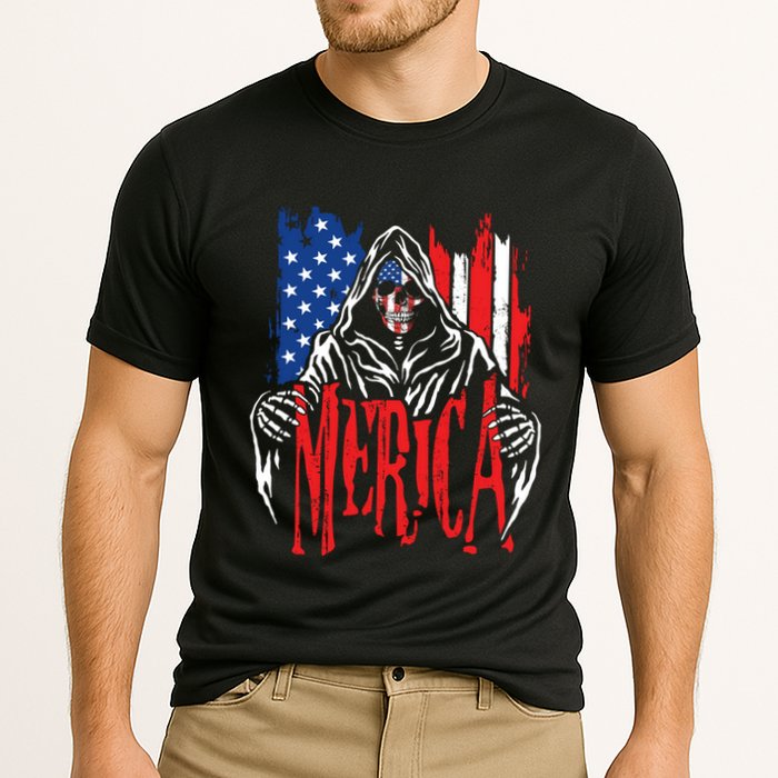 Merica The Grim Reaper Skull American Flag 4th Of July Gift Cooling Performance Crew T-Shirt