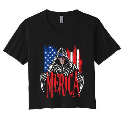 Merica The Grim Reaper Skull American Flag 4th Of July Gift Crop Top