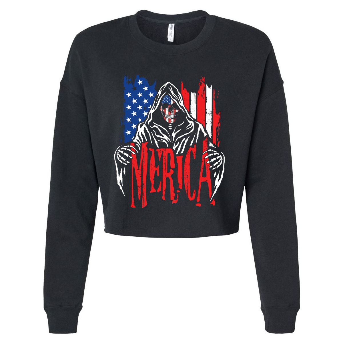 Merica The Grim Reaper Skull American Flag 4th Of July Gift Cropped Pullover Crew