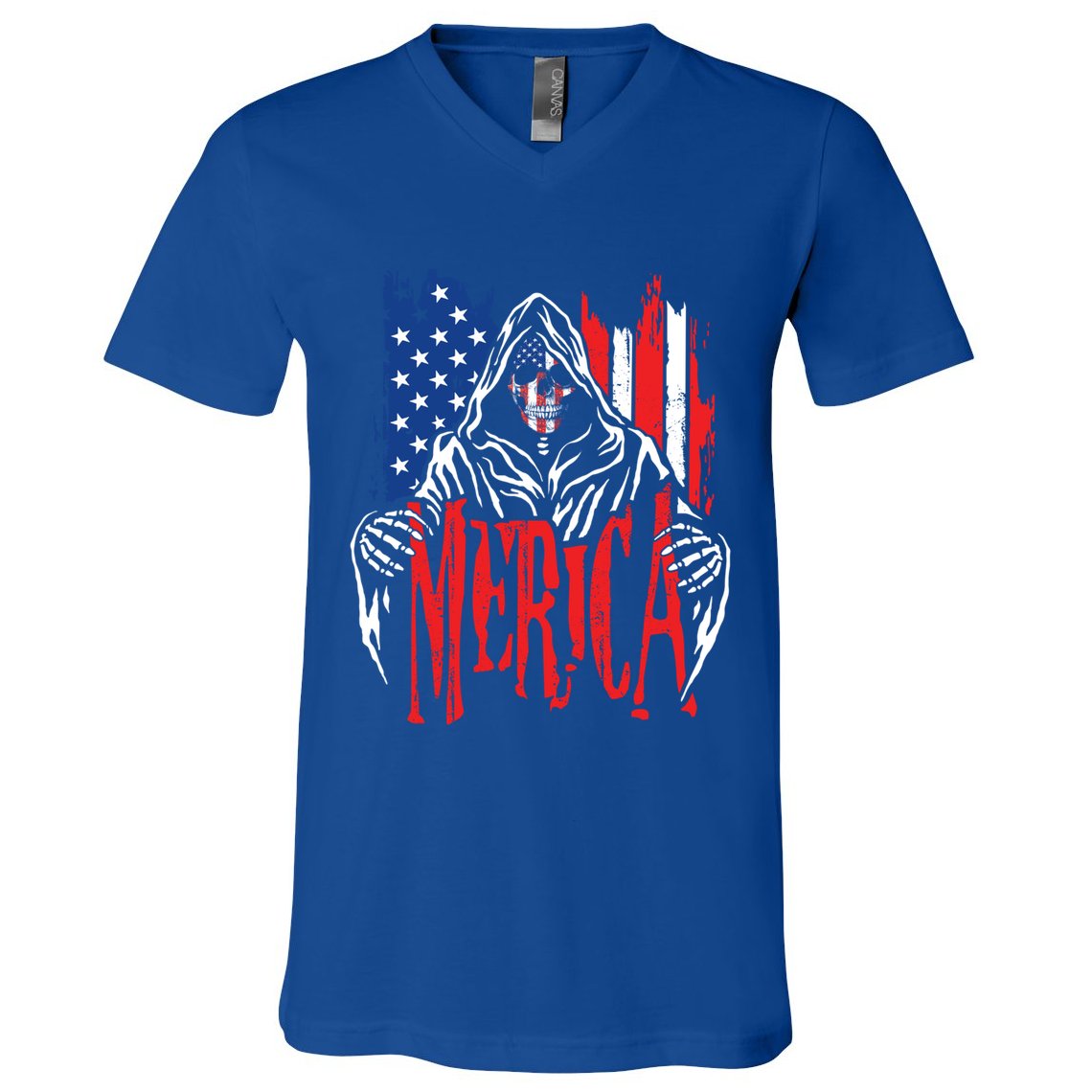 Merica The Grim Reaper Skull American Flag 4th Of July Gift V-Neck T-Shirt