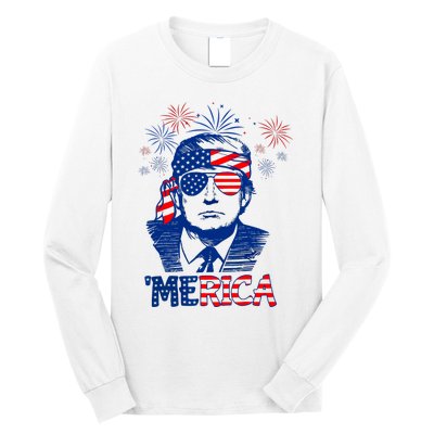 Merica Trump Happy 4th Of July Trump American Flag Long Sleeve Shirt