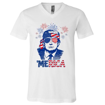 Merica Trump Happy 4th Of July Trump American Flag V-Neck T-Shirt