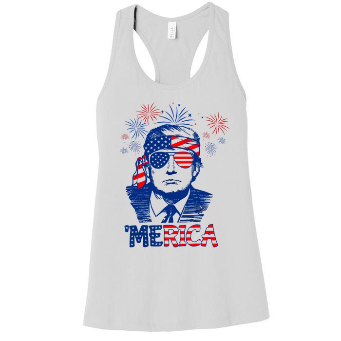 Merica Trump Happy 4th Of July Trump American Flag Women's Racerback Tank