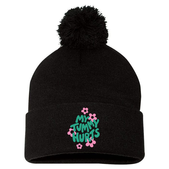 My Tummy Hurts Aesthetic Cute Flower Groovy Graphic Pom Pom 12in Knit Beanie