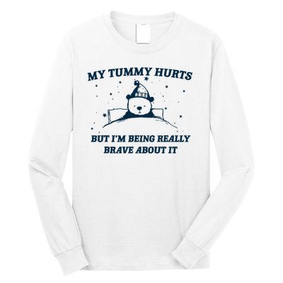 My Tummy Hurts Funny Bear Retro Cartoon Meme Long Sleeve Shirt