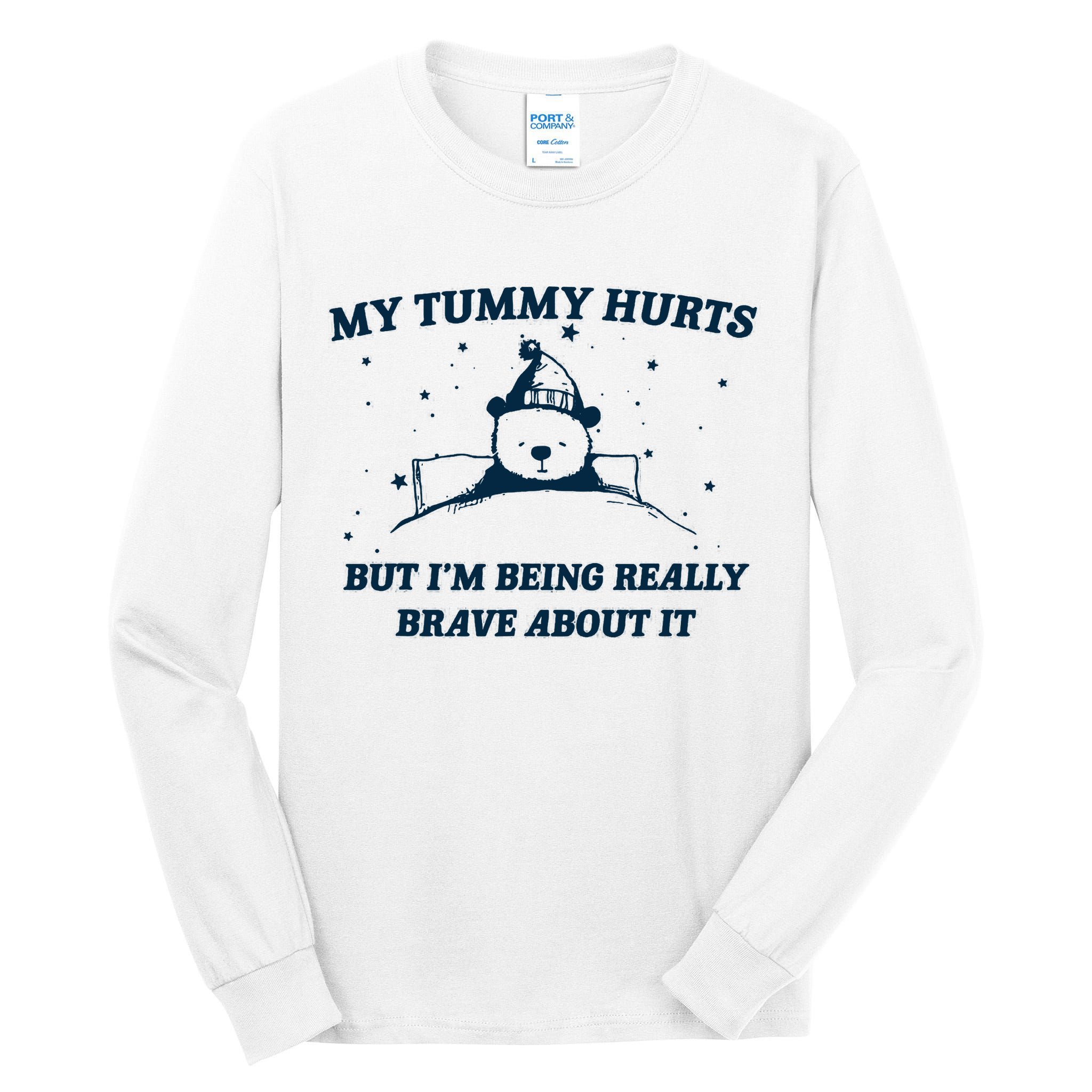 My Tummy Hurts Funny Bear Retro Cartoon Meme Tall Long Sleeve T-Shirt