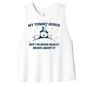 My Tummy Hurts Funny Bear Retro Cartoon Meme Women's Racerback Cropped Tank