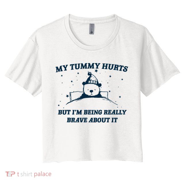 My Tummy Hurts Funny Bear Retro Cartoon Meme Crop Top