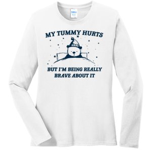 My Tummy Hurts Funny Bear Retro Cartoon Meme Ladies Long Sleeve Shirt