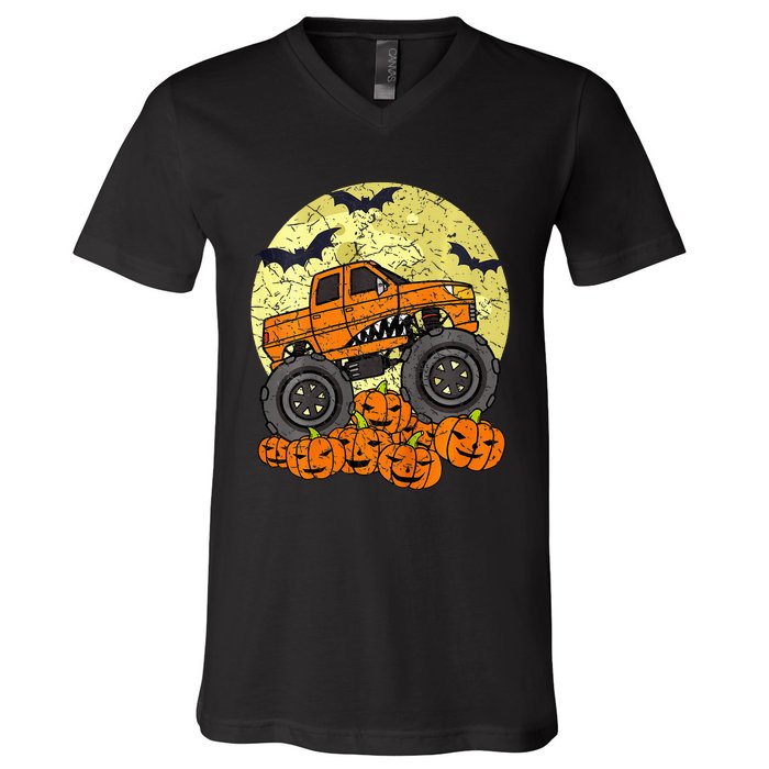 Monster Truck Halloween Jack O Lantern Moon Pumpkin V-Neck T-Shirt