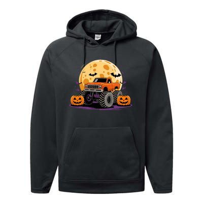 Monster Truck Halloween Jack O Lantern Moon Pumpkin Performance Fleece Hoodie