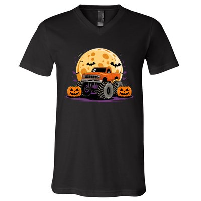 Monster Truck Halloween Jack O Lantern Moon Pumpkin V-Neck T-Shirt