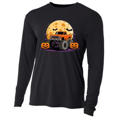 Monster Truck Halloween Jack O Lantern Moon Pumpkin Cooling Performance Long Sleeve Crew