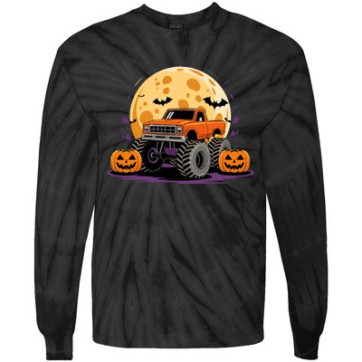 Monster Truck Halloween Jack O Lantern Moon Pumpkin Tie-Dye Long Sleeve Shirt