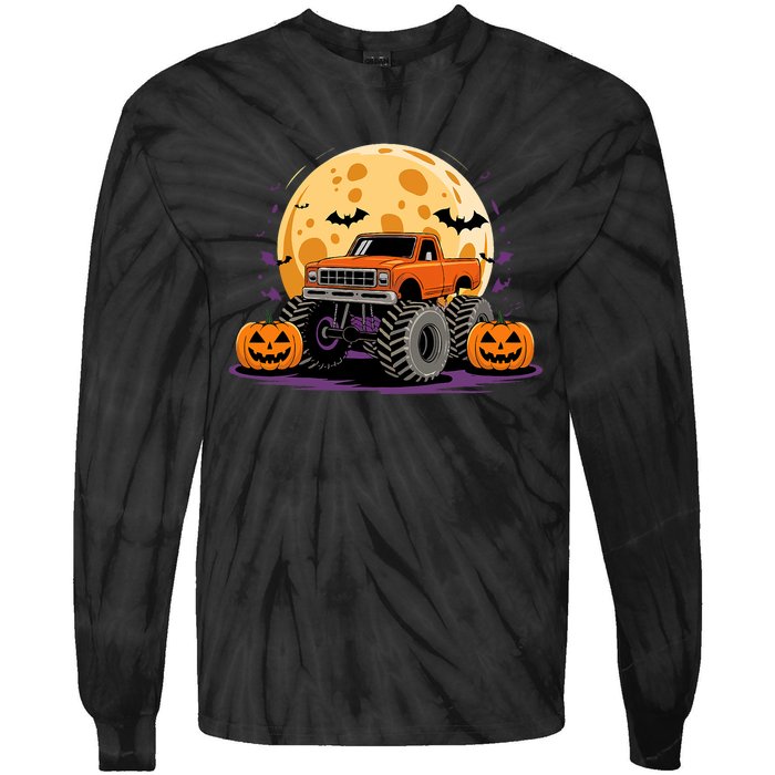 Monster Truck Halloween Jack O Lantern Moon Pumpkin Tie-Dye Long Sleeve Shirt