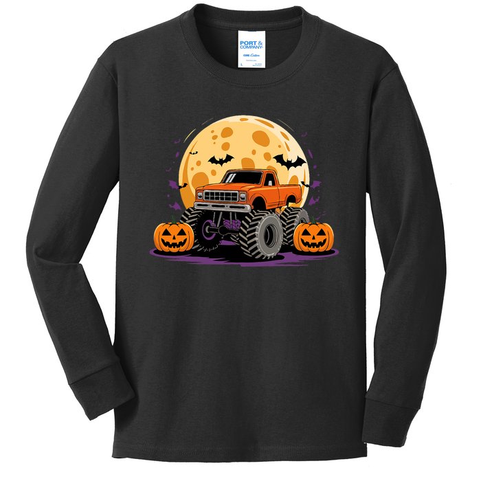 Monster Truck Halloween Jack O Lantern Moon Pumpkin Kids Long Sleeve Shirt