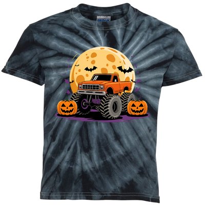 Monster Truck Halloween Jack O Lantern Moon Pumpkin Kids Tie-Dye T-Shirt