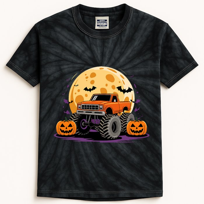 Monster Truck Halloween Jack O Lantern Moon Pumpkin Kids Tie-Dye T-Shirt