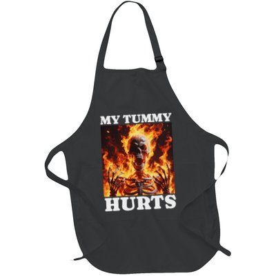My Tummy Hurts Funny Skeleton Meme Stomach Ache Ironic Flame Full-Length Apron With Pockets