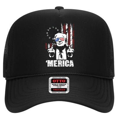 Merica Trump Happy 4th Of July Trump American Flag High Crown Mesh Back Trucker Hat