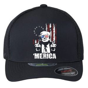 Merica Trump Happy 4th Of July Trump American Flag Flexfit Unipanel Trucker Cap