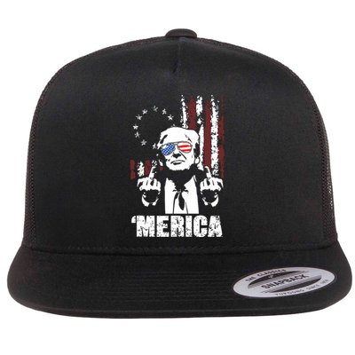 Merica Trump Happy 4th Of July Trump American Flag Flat Bill Trucker Hat