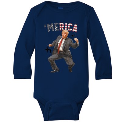 Merica Trump Happy 4th Of July Trump American Flag Gifts Baby Long Sleeve Bodysuit