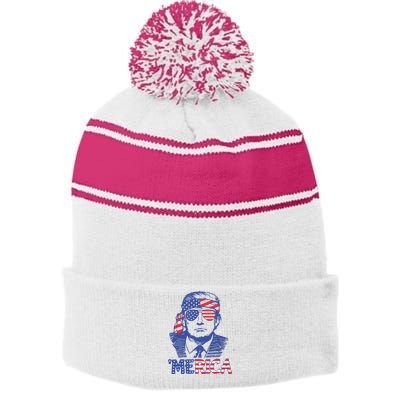 Merica Trump Happy 4th Of July Trump American Flag Stripe Pom Pom Beanie