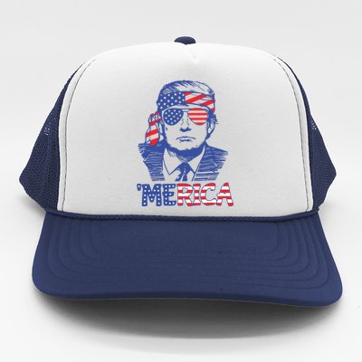 Merica Trump Happy 4th Of July Trump American Flag Trucker Hat