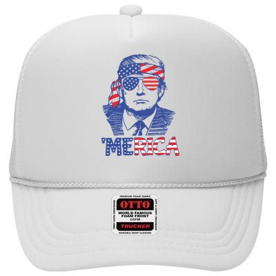 Merica Trump Happy 4th Of July Trump American Flag High Crown Mesh Back Trucker Hat