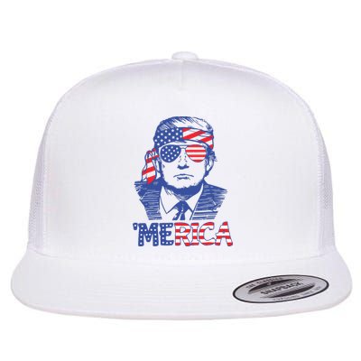 Merica Trump Happy 4th Of July Trump American Flag Flat Bill Trucker Hat