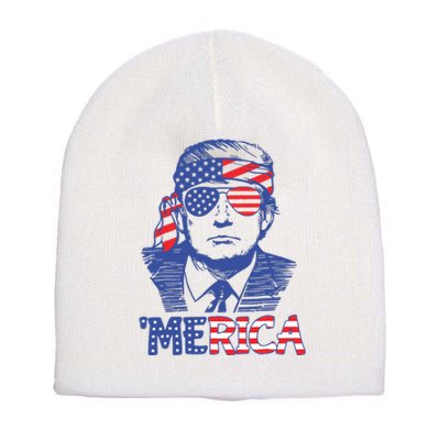 Merica Trump Happy 4th Of July Trump American Flag Short Acrylic Beanie