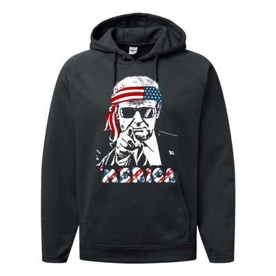 Merica Trump Happy 4th Of July Trump American Flag Performance Fleece Hoodie