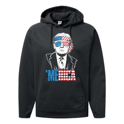 Merica Trump Happy 4th Of July Trump American Flag Performance Fleece Hoodie