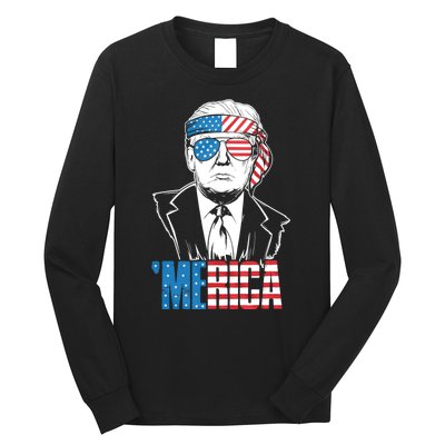 Merica Trump Happy 4th Of July Trump American Flag Long Sleeve Shirt