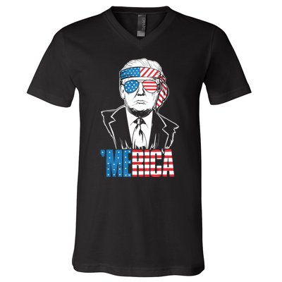 Merica Trump Happy 4th Of July Trump American Flag V-Neck T-Shirt