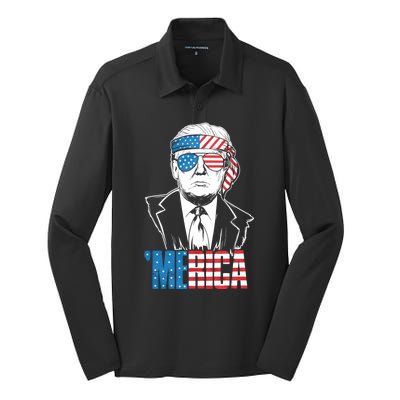 Merica Trump Happy 4th Of July Trump American Flag Silk Touch Performance Long Sleeve Polo