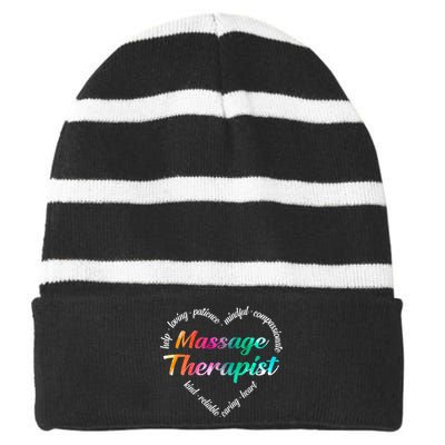 Massage Therapist Heart Word Cloud Watercolor Rainbow Striped Beanie with Solid Band