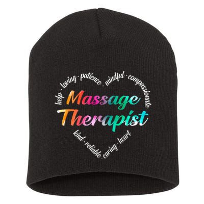 Massage Therapist Heart Word Cloud Watercolor Rainbow Short Acrylic Beanie