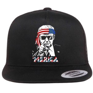 Merica Trump Happy 4th Of July Trump American Flag Flat Bill Trucker Hat