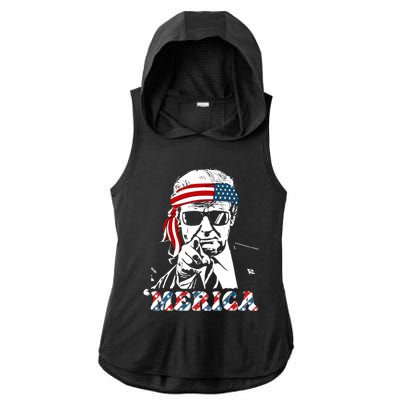 Merica Trump Happy 4th Of July Trump American Flag Ladies PosiCharge Tri-Blend Wicking Draft Hoodie Tank