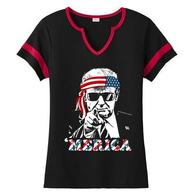 Merica Trump Happy 4th Of July Trump American Flag Ladies Halftime Notch Neck Tee