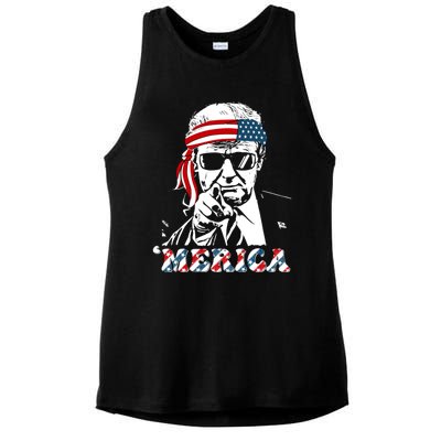 Merica Trump Happy 4th Of July Trump American Flag Ladies PosiCharge Tri-Blend Wicking Tank