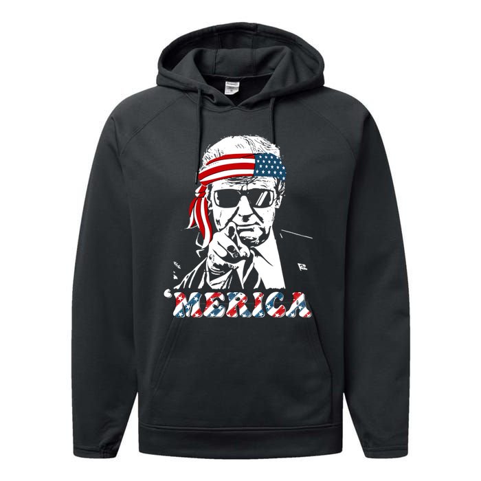 Merica Trump Happy 4th Of July Trump American Flag Performance Fleece Hoodie